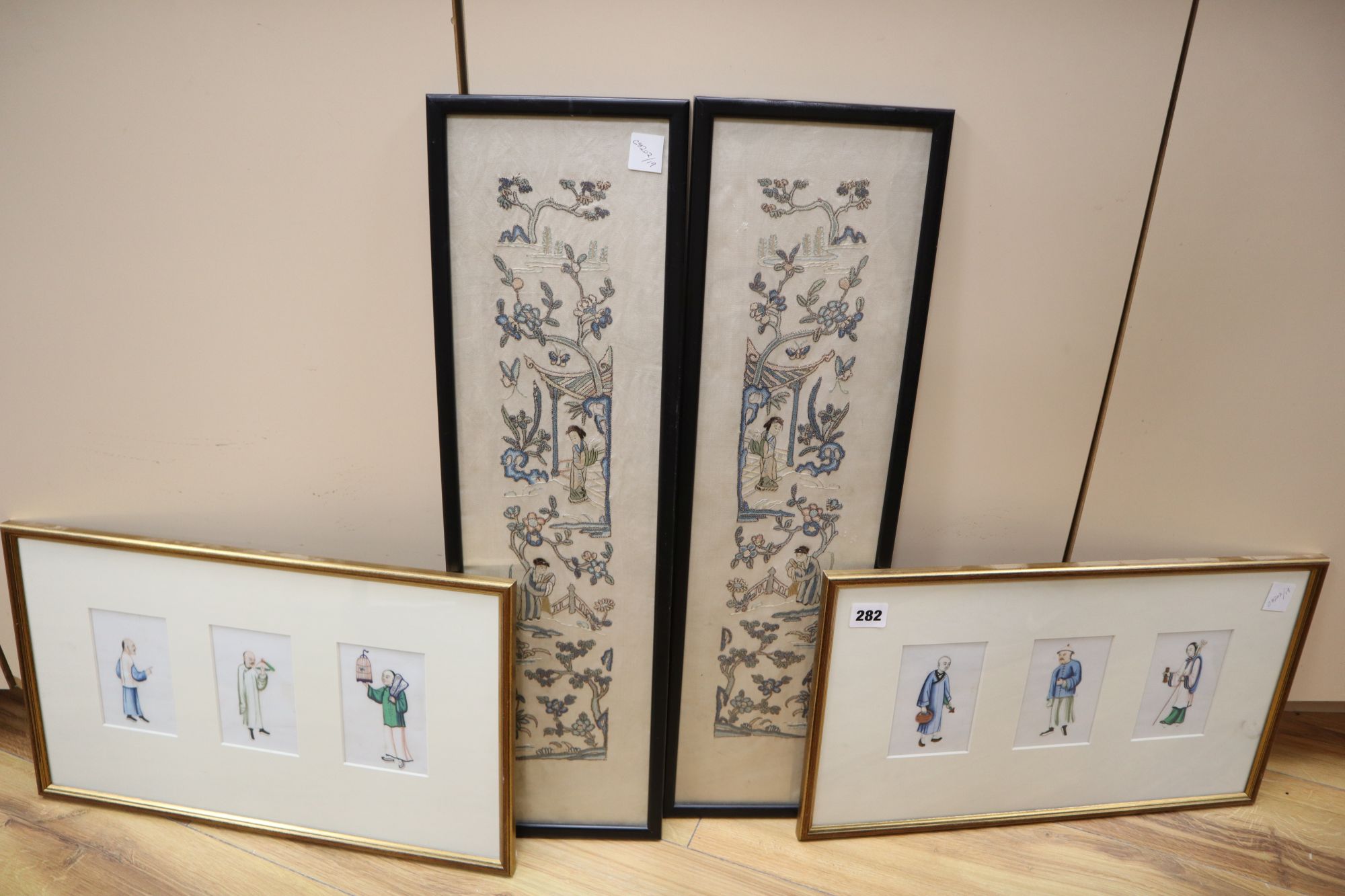 A pair of framed Chinese rice paper portrait groups and a pair of Chinese needlework sleeve bands, 60 x 16cm